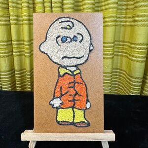 Vintage 1960s Charlie Brown Pebble Art, on Masonite, unframed